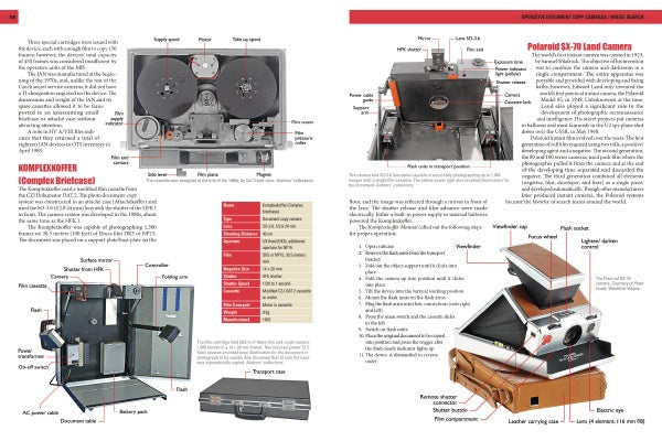 A magazine spread showcases The Secret History of STASI Spy Cameras by Schiffer Publishing, Ltd., with labeled diagrams, photos of vintage spy cameras, overhead and angled views, close-ups of cases, and technical details.