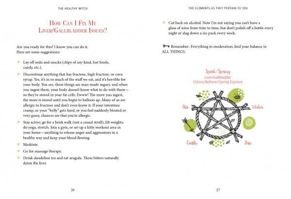 A two-page spread from The Healthy Witch by Schiffer Publishing, Ltd. offers liver/gallbladder health tips, diet and exercise advice on the left page, and explores moderation with a pentagram of seasonal and elemental associations on the right.