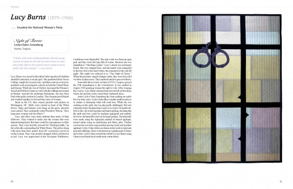 A page from Schiffer Publishing, Ltd.’s HERstory Quilts shows text on women like Lucy Burns alongside fiber art—a geometric pastel quilt resembling windowpanes, with purple handcuffs featured at the top center.
