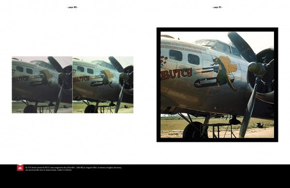Two restored WWII bomber photos from "The 8th Army Air Force in Color" by Schiffer Publishing, Ltd. show nose art with a cartoon dog and “BUTCH,” including a detailed close-up near the propeller, highlighting aviation image preservation.