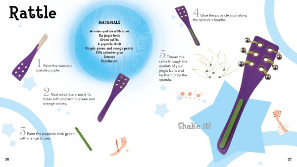 Schiffer Publishing, Ltd.’s “Wood” is an illustrated, step-by-step kids’ craft guide showing how to make a rattle using a wooden spatula, green and orange paint, jingle bells, and a popsicle stick, with labeled materials and colorful drawings.