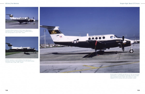 Three photos of the US Army Twin Beeches fixed-wing aircraft by Schiffer Publishing, Ltd. on an airport tarmac, captured from different angles. The white plane features dark accents and military markings under a clear sky.