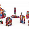 Colorful, abstract cardboard buildings and structures made from interlocking pieces with vibrant patterns by Schiffer Publishing, Ltd.'s ArchiPop building kit, set against a white background. "ArchiPop" appears in the upper right corner.