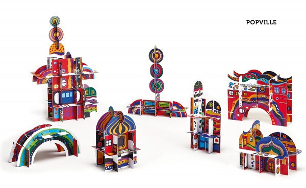 Colorful, abstract cardboard buildings and structures made from interlocking pieces with vibrant patterns by Schiffer Publishing, Ltd.'s ArchiPop building kit, set against a white background. "ArchiPop" appears in the upper right corner.