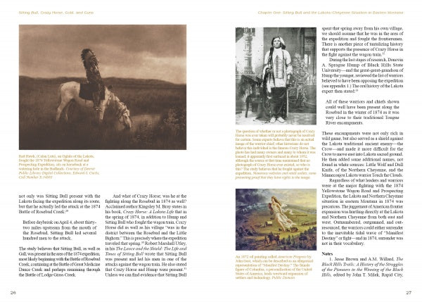 Sitting Bull, Crazy Horse, Gold and Guns by Schiffer Publishing, Ltd. features sepia and black-and-white photos of Native Americans, text on Sitting Bull, the Great Sioux War, Lakota history, and a color painting of Indigenous people.