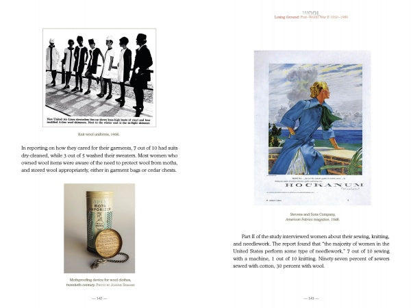 A book spread from Schiffer Publishing, Ltd.'s "Wool" displays vintage fashion images—women in suits, a blue suit outdoors, button and needle threader close-ups—with text on sewing, garment care, and the history of wool in the U.S.
