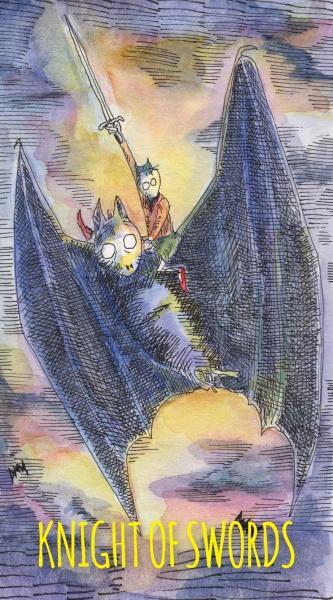 A cartoon armored figure rides a dark bat through a colorful sky, sword raised—art from the Shadowland Tarot by Schiffer Publishing, Ltd. "KNIGHT OF SWORDS" appears in yellow text at the bottom.