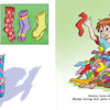 A smiling girl holds a long, colorful sock from Jocelyn's Box of Socks by Schiffer Publishing, Ltd. She joyfully jumps into a pile of bright, patterned socks. An inset displays tall, short, bumpy, and smooth sock styles.