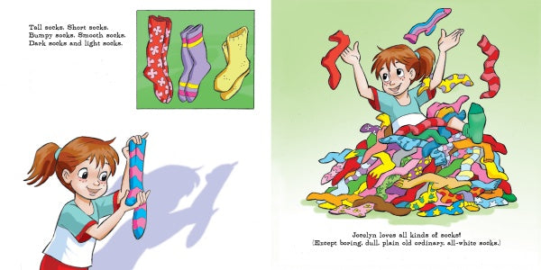 A smiling girl holds a long, colorful sock from Jocelyn's Box of Socks by Schiffer Publishing, Ltd. She joyfully jumps into a pile of bright, patterned socks. An inset displays tall, short, bumpy, and smooth sock styles.