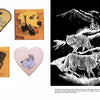 On the left page of "Scroll Saw Pictures, 2nd Edition" by Schiffer Publishing, Ltd., four wooden animal plaques are shown. The right page displays a black-and-white drawing of four wolves under a full moon amid mountains and forest.