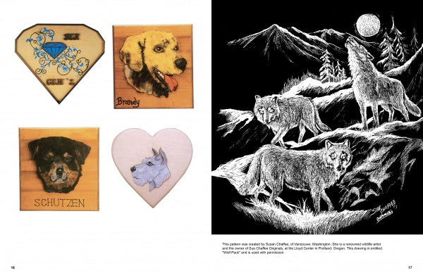 On the left page of "Scroll Saw Pictures, 2nd Edition" by Schiffer Publishing, Ltd., four wooden animal plaques are shown. The right page displays a black-and-white drawing of four wolves under a full moon amid mountains and forest.