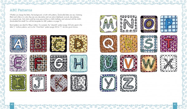 Meditative Zendoodles by Schiffer Publishing, Ltd. features 26 square tiles, each with a unique A-Z letter adorned in colorful, intricate Zendoodle patterns inspired by hand-drawn Zentangle art.