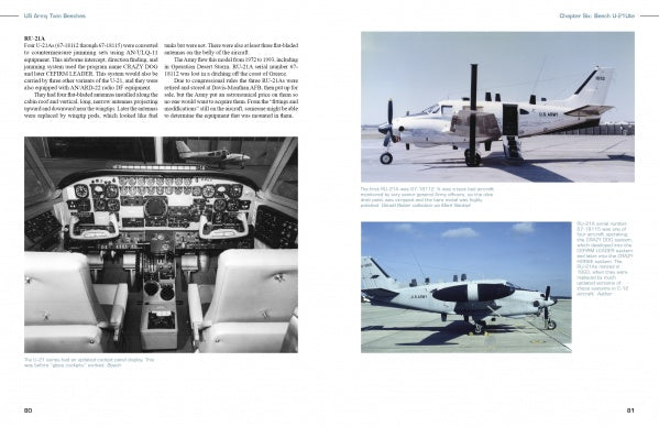 A book spread from "US Army Twin Beeches" by Schiffer Publishing, Ltd. shows a black-and-white airplane cockpit photo on the left and two color photos of US Army reconnaissance Beech aircraft on the right, surrounded by descriptive text.