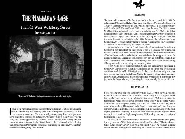 A book spread from Savannah's Afterlife II by Schiffer Publishing, Ltd. shows a black-and-white photo of a two-story house and discusses its haunted history and paranormal investigations in Savannah, Georgia.