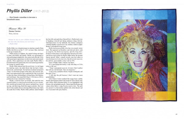 A magazine page from Schiffer Publishing, Ltd.’s "HERstory Quilts" features a colorful fiber art portrait of comedian Phyllis Diller with her bright hair and feather boa, celebrating the achievements of extraordinary women.