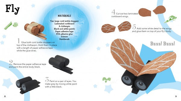 A creative kids craft tutorial from Schiffer Publishing, Ltd. shows how to make a fly using Wood, cardboard wings, and paint, with step-by-step images and fun text guiding the project from start to finish.