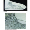 Top: "Scrimshaw Techniques" by Schiffer Publishing, Ltd. features a detailed tiger drawing on a curved surface—ideal for ivory substitutes guides. Bottom: A close-up reveals the fur texture made with fine dot patterns using classic scrimshaw methods.