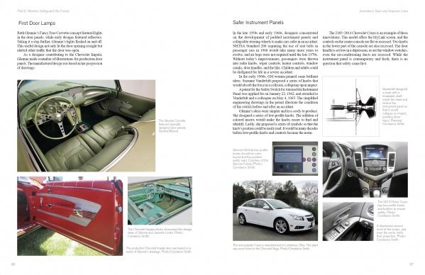 A book spread from "Damsels in Design" by Schiffer Publishing, Ltd. shows classic car steering wheels and door panels on the left, while the right page highlights women's impact on modern dashboards and instrument panel layouts.