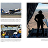 A two-page spread from "The Blue Angels" by Schiffer Publishing, Ltd. shows small photos of pilots and jets on the left, and a large image on the right of two figures watching from an open cargo ramp.