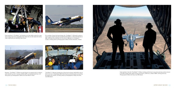 A two-page spread from "The Blue Angels" by Schiffer Publishing, Ltd. shows small photos of pilots and jets on the left, and a large image on the right of two figures watching from an open cargo ramp.