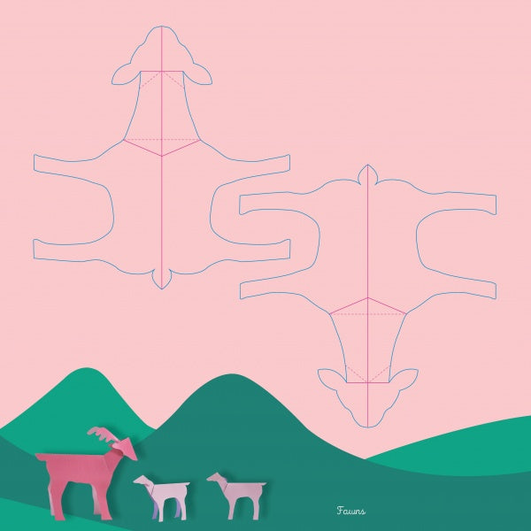 Create three adorable goat figures with the "Baby Animals" paper craft template by Schiffer Publishing, Ltd.—a fun cut-and-fold activity for kids, featuring a pink background with green hills and finished goats at the bottom.
