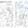 A page from "Creatures and Characters" by Schiffer Publishing, Ltd. features pencil sketches of monsters, dinosaurs, dragons, and humanoids with handwritten drawing tips—ideal for a children's art book.