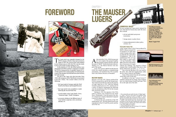 A two-page spread in "The Luger P.08, Vol. 2" by Schiffer Publishing, Ltd. shows German soldiers with pistols, a close-up of a P.08 Luger, historic memorabilia, and text on the history, design, and production of Mauser Luger pistols.