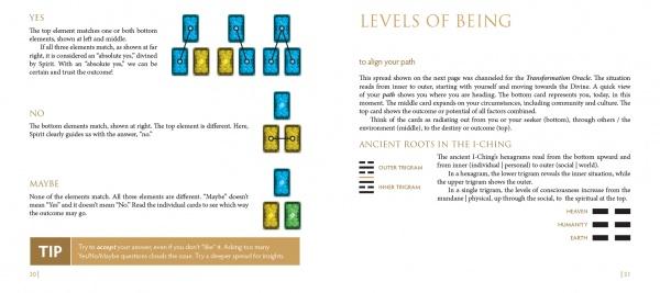 A spread from the Transformation Oracle by Schiffer Publishing, Ltd. explores Levels of Being with text, hexagram diagrams, and blue/yellow tiles. Spiritual growth tips and hexagram meanings are shown on a white and beige background.
