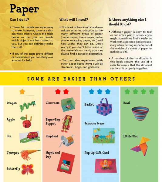 The instructional page "Paper" by Schiffer Publishing, Ltd. features colorful kids' paper craft images, a star-rated difficulty guide, supply lists, and explanations. Crafts include animals, objects, and baskets.