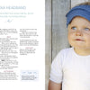 A young child in a blue KlompeLOMPE-style crocheted headband, inspired by "Knitting for Little Sweethearts" from Schiffer Publishing, Ltd., smiles softly by a wooden fence. On the left is the headband crochet pattern shown on a white page.