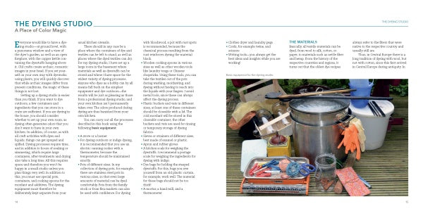 Two-page spread from *Natural Dyeing with Plants* by Schiffer Publishing, Ltd.: left page covers natural dyeing techniques; right page features an outdoor photo of plants, pots, gloves, jars, tongs, and dye tools on a wooden surface.