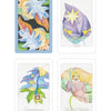 Four cards from Schiffer Publishing, Ltd.'s Tarot Leaves are shown: the back with autumn leaves; watercolor fronts—The Star (purple leaf with a star), Temperance (green leaf and stream), and King of Wands (crowned figure).