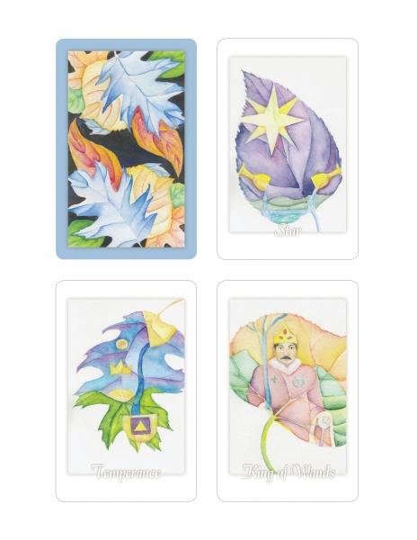 Four cards from Schiffer Publishing, Ltd.'s Tarot Leaves are shown: the back with autumn leaves; watercolor fronts—The Star (purple leaf with a star), Temperance (green leaf and stream), and King of Wands (crowned figure).