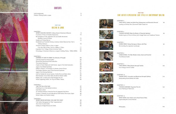 Table of contents from "Japanese Contemporary Quilts and Quilters" by Schiffer Publishing, Ltd.: two columns with chapter titles, page numbers, art-making images, and a vibrant background inspired by contemporary Japanese quilts.