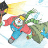 Bill the Snowman, from Schiffer Publishing, Ltd., wears blue overalls and a green-striped scarf as he carries a lantern and Christmas tree with a blue bird on top—a charming figure perfect for children's stories about responsibility and compassion.