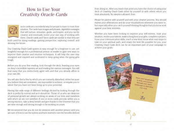 Two pages from Schiffer Publishing, Ltd.’s The Creativity Oracle show how to use the deck: the left page features text with a sun illustration, while the right displays two colorful sample cards, one labeled “Explore.”.