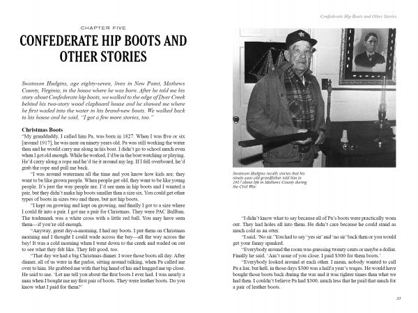 A black-and-white page from Soldiers At The Doorstep by Schiffer Publishing, Ltd. shows the chapter "Confederate Hip Boots and Other Stories" with an elderly man holding a gun by a fireplace, capturing life in Civil War Virginia.