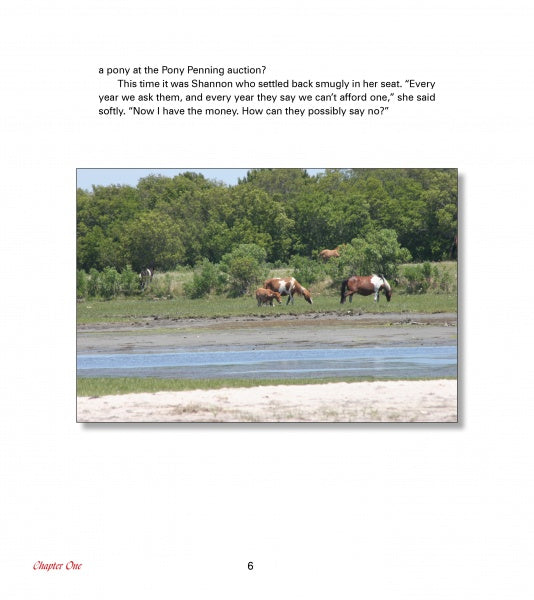 Two brown and white Chincoteague Ponies graze by water with green trees, sand, and grass, evoking Pony Penning scenes. Farther ponies are visible. Inspired by The True Story of Sea Feather from Schiffer Publishing, Ltd.