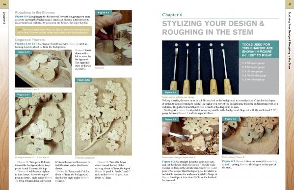 Deep Relief Wood Carving by Schiffer Publishing, Ltd. features step-by-step wood and power carving instructions with photos, labeled images, diagrams, and text to guide you through creating detailed wooden flower designs.