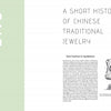 The chapter title page features a pale green sidebar labeled CHAPTER ONE. The main section, "A Short History of Chinese Traditional Jewelry," shows text and sketches of ancient bone artifacts in Chinese Contemporary Jewelry Design by Schiffer Publishing, Ltd.