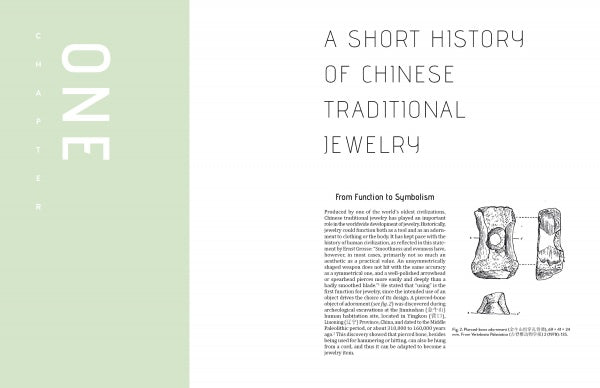 The chapter title page features a pale green sidebar labeled CHAPTER ONE. The main section, "A Short History of Chinese Traditional Jewelry," shows text and sketches of ancient bone artifacts in Chinese Contemporary Jewelry Design by Schiffer Publishing, Ltd.