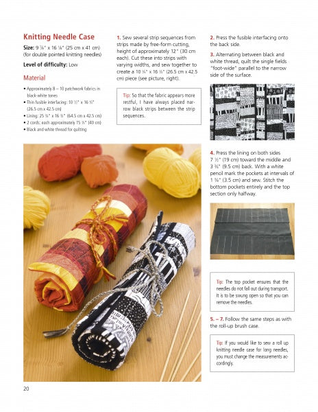 Two rolled-up patchwork knitting needle cases sit by yellow yarn. Above, Schiffer Publishing, Ltd.’s "Free-Form Patchwork Techniques" shows step-by-step photos and instructions for making the cases with strip piecing.
