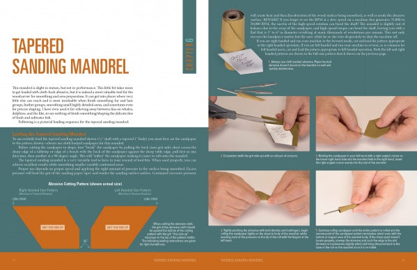 A magazine spread in Carving Marine Mammals with Power by Schiffer Publishing, Ltd. details making a tapered sanding mandrel with clear text, diagrams, and step-by-step photos—perfect for woodcarving or marine mammal carving projects using power tools.