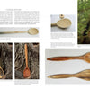A page from "Living with Wood" by Schiffer Publishing, Ltd. showcases handmade wooden spoons on branches and white backgrounds, featuring wood anatomy and grain patterns—a visual woodworking guide.