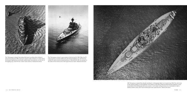 Three black-and-white aerial photos of USS Tennessee (BB-43) by Schiffer Publishing, Ltd. appear in Legends of Warfare, showing the ship's size and deck details from various angles across a two-page spread with captions.