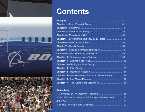 Table of contents page for "The Boeing 787 Dreamliner" by Schiffer Publishing, Ltd., with a blue background showing chapter titles and page numbers. The left side features a wide-body Boeing airplane and a crowd gathered below.