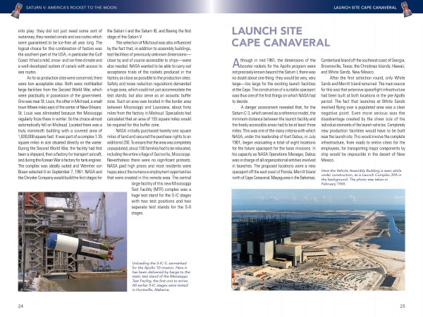 A two-page spread from Schiffer Publishing, Ltd.'s Saturn V features text on Cape Canaveral’s Apollo role, a large photo of the Saturn V rocket at the launch pad, and a smaller aerial view of NASA’s Vehicle Assembly Building.