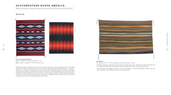 “The Art Is the Cloth” by Schiffer Publishing, Ltd. displays two vibrant southwestern-style textiles side by side—one with geometric designs, the other with earth-toned stripes—celebrating a rich weaving tradition against a white background.
