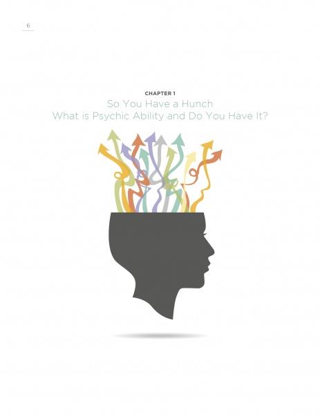 A human head silhouette in profile with colorful arrows and squiggles above, symbolizing intuition, appears on the cover of The Psychic Workbook by Schiffer Publishing, Ltd. Text reads: Chapter 1: So You Have a Hunch. What is Psychic Ability and Do You Have It?.