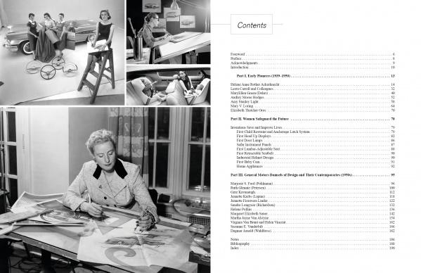 On the right, Damsels in Design’s table of contents is shown; on the left, Schiffer Publishing, Ltd. features black-and-white photos of women in automotive design—sketching, crafting a hood ornament, and displaying a classic car.